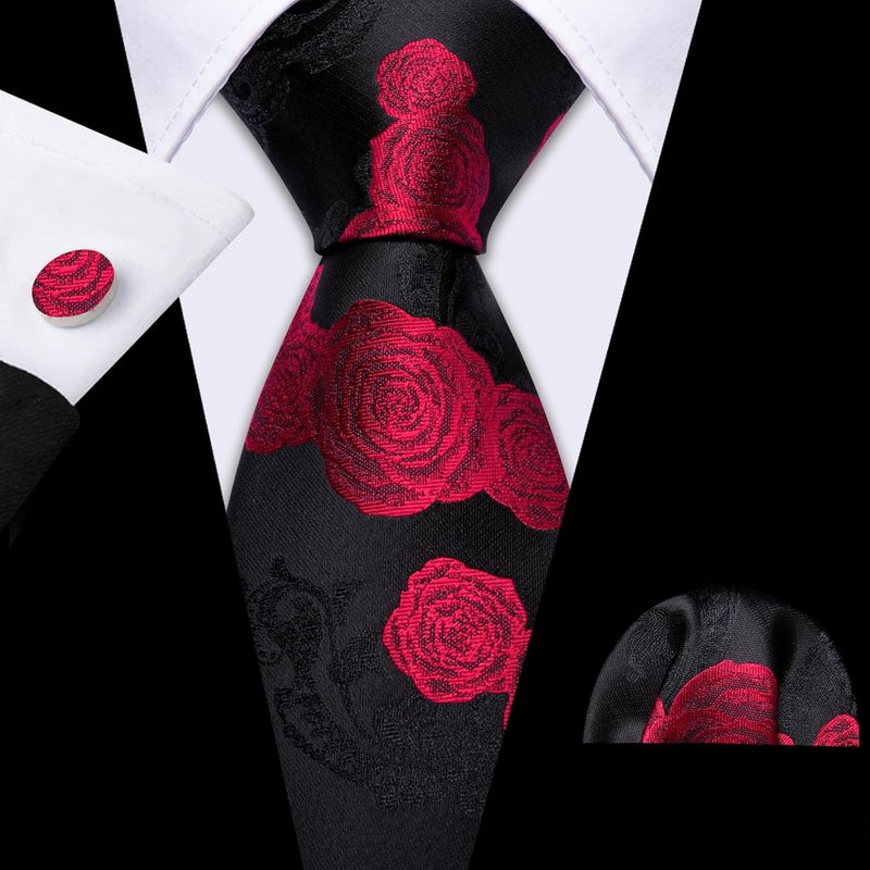 Barry.Wang Store Flower Ties for Men Handkerchief Cufflinks Set Wedding Necktie Set Party - Image 3
